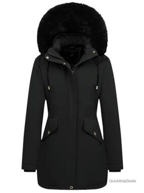 Women's Long Winter Down Puffer Coat Fleece Lined Faux Fur Hood Belted Parka